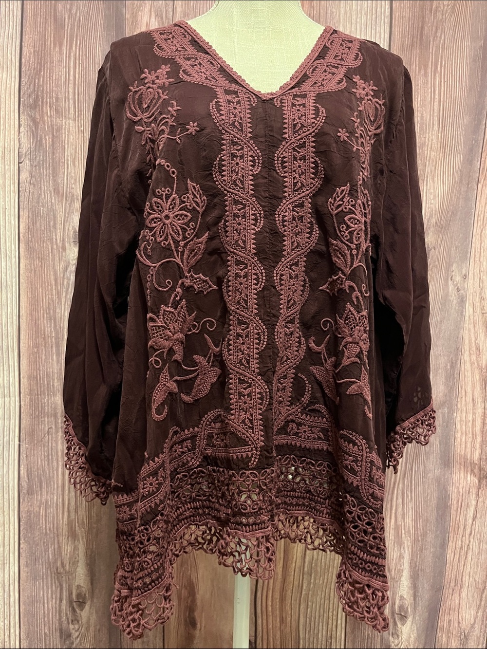 Johnny Was Burgundy Embroidered V-Neck Tunic